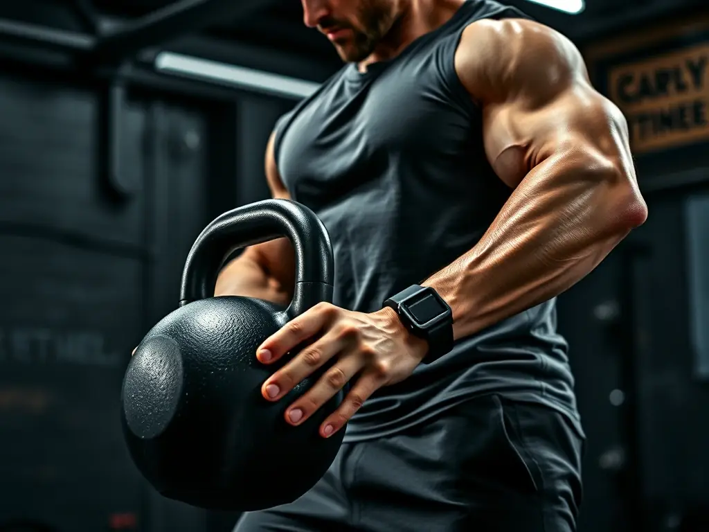 A determined athlete wearing Honor Bound Fit's tactical t-shirt and mission-ready joggers, lifting a heavy-duty kettlebell in a gritty, high-intensity gym setting. The focus is on the athlete's intense concentration and the quality of the gear.