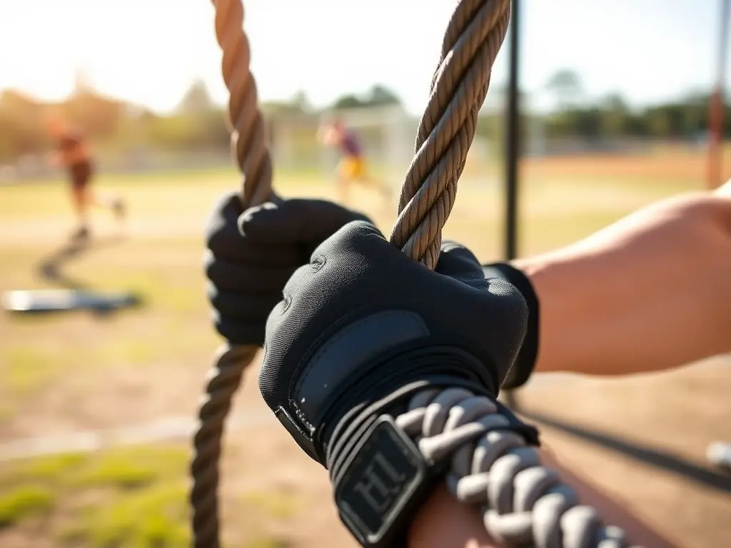 A person wearing tactical training gloves and using battle ropes in an outdoor training environment. The image emphasizes the intensity of the workout and the protective features of the gloves.