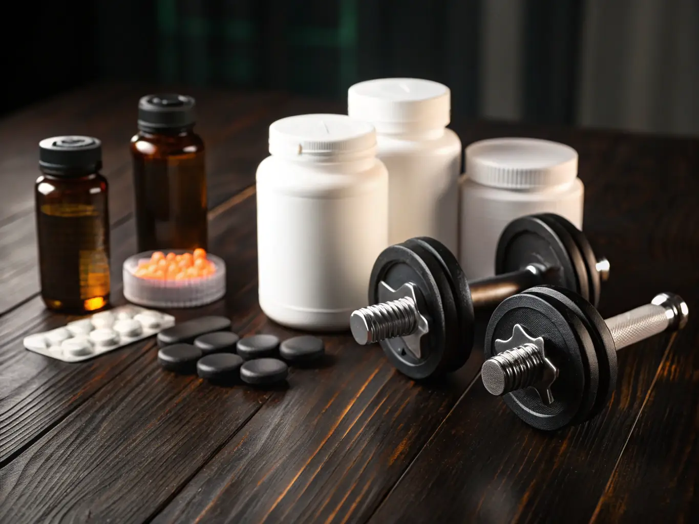 A close-up shot of Honor Bound Protein Powder and Resilience Pre-Workout supplement containers, set against a backdrop of a rugged wooden surface with military-style branding. The focus is on the quality and effectiveness of the supplements.